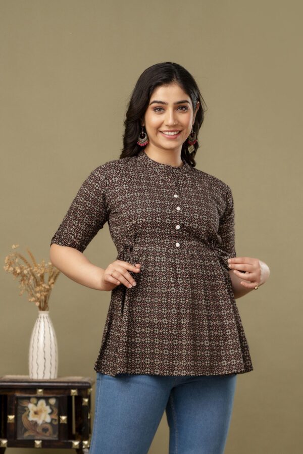 ASD_Top-2012-D Ausuda Women Pure Cotton Black Geometric Printed Peplum Top | Casual Ethnic Cotton Tunic for Women