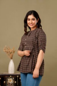 Ausuda Women Pure Cotton Black Geometric Printed Peplum Top | Casual Ethnic Cotton Tunic for Women