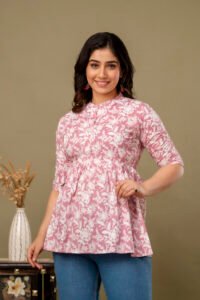 Ausuda Women Pure Cotton Pink Floral Printed Peplum Top | Casual Ethnic Cotton Tunic for Women
