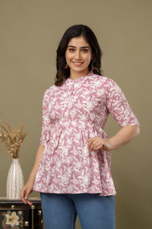 ASD_Top-2013-A Ausuda Women Pure Cotton Pink Floral Printed Peplum Top | Casual Ethnic Cotton Tunic for Women