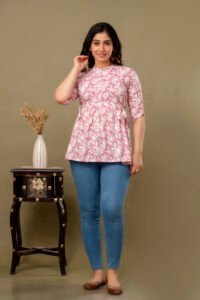 Ausuda Women Pure Cotton Pink Floral Printed Peplum Top | Casual Ethnic Cotton Tunic for Women