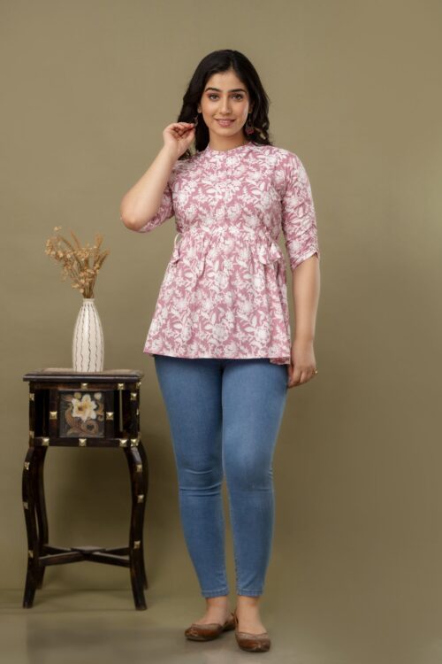 Ausuda Women Pure Cotton Pink Floral Printed Peplum Top | Casual Ethnic Cotton Tunic for Women