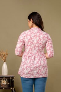 Ausuda Women Pure Cotton Pink Floral Printed Peplum Top | Casual Ethnic Cotton Tunic for Women