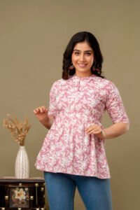 Ausuda Women Pure Cotton Pink Floral Printed Peplum Top | Casual Ethnic Cotton Tunic for Women