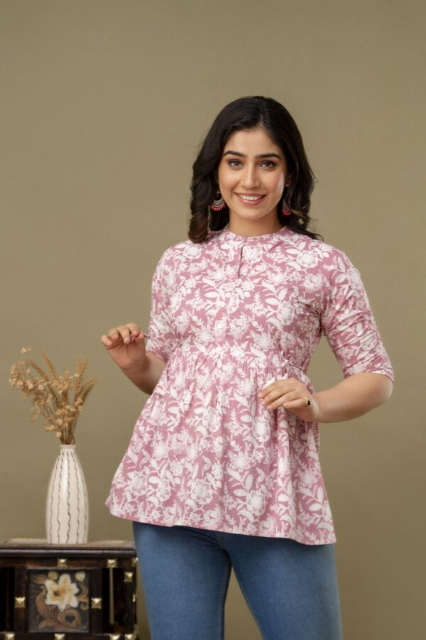 ASD_Top-2013-D Ausuda Women Pure Cotton Pink Floral Printed Peplum Top | Casual Ethnic Cotton Tunic for Women