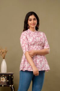 Ausuda Women Pure Cotton Pink Floral Printed Peplum Top | Casual Ethnic Cotton Tunic for Women