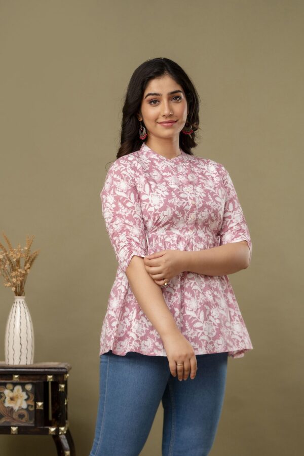 ASD_Top-2013-E Ausuda Women Pure Cotton Pink Floral Printed Peplum Top | Casual Ethnic Cotton Tunic for Women
