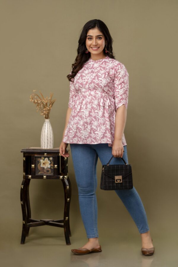 ASD_Top-2013-H Ausuda Women Pure Cotton Pink Floral Printed Peplum Top | Casual Ethnic Cotton Tunic for Women