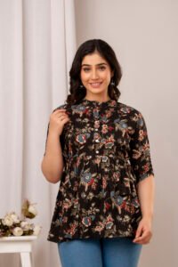 Ausuda Women Pure Cotton Black Floral Printed Peplum Top | Casual Ethnic Cotton Tunic for Women