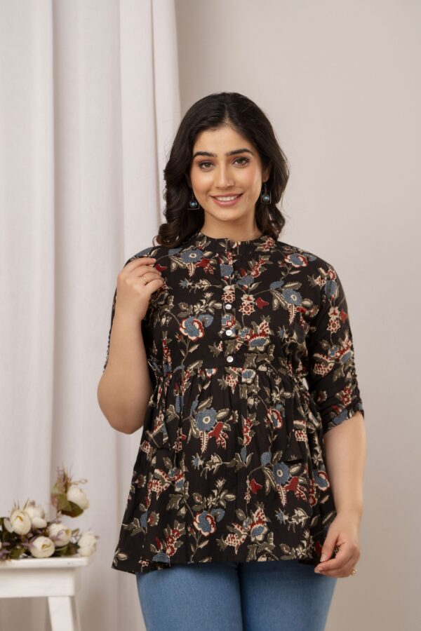 ASD_Top-2014-A Ausuda Women Pure Cotton Black Floral Printed Peplum Top | Casual Ethnic Cotton Tunic for Women