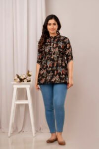 Ausuda Women Pure Cotton Black Floral Printed Peplum Top | Casual Ethnic Cotton Tunic for Women
