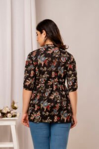 Ausuda Women Pure Cotton Black Floral Printed Peplum Top | Casual Ethnic Cotton Tunic for Women