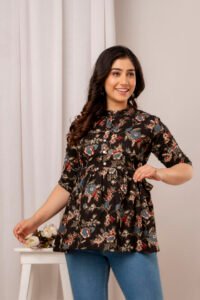 Ausuda Women Pure Cotton Black Floral Printed Peplum Top | Casual Ethnic Cotton Tunic for Women