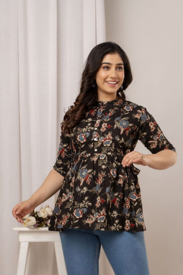 ASD_Top-2014-D Ausuda Women Pure Cotton Black Floral Printed Peplum Top | Casual Ethnic Cotton Tunic for Women