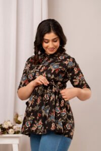 Ausuda Women Pure Cotton Black Floral Printed Peplum Top | Casual Ethnic Cotton Tunic for Women