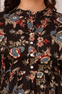 Ausuda Women Pure Cotton Black Floral Printed Peplum Top | Casual Ethnic Cotton Tunic for Women