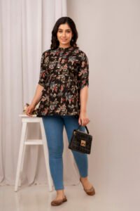 Ausuda Women Pure Cotton Black Floral Printed Peplum Top | Casual Ethnic Cotton Tunic for Women