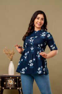 Ausuda Women Pure Cotton Navy Blue Floral Printed Peplum Top | Casual Ethnic Cotton Tunic for Women
