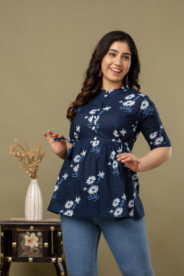 ASD_Top-2015-A Ausuda Women Pure Cotton Navy Blue Floral Printed Peplum Top | Casual Ethnic Cotton Tunic for Women
