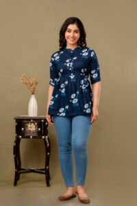 Ausuda Women Pure Cotton Navy Blue Floral Printed Peplum Top | Casual Ethnic Cotton Tunic for Women
