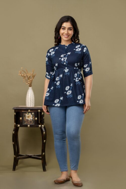 Ausuda Women Pure Cotton Navy Blue Floral Printed Peplum Top | Casual Ethnic Cotton Tunic for Women