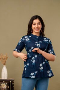 Ausuda Women Pure Cotton Navy Blue Floral Printed Peplum Top | Casual Ethnic Cotton Tunic for Women