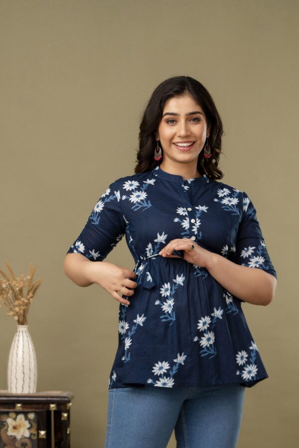 ASD_Top-2015-D Ausuda Women Pure Cotton Navy Blue Floral Printed Peplum Top | Casual Ethnic Cotton Tunic for Women