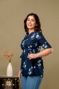 Ausuda Women Pure Cotton Navy Blue Floral Printed Peplum Top | Casual Ethnic Cotton Tunic for Women