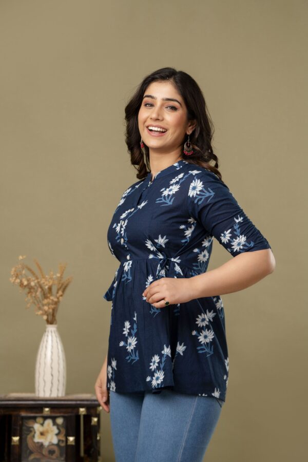 ASD_Top-2015-E Ausuda Women Pure Cotton Navy Blue Floral Printed Peplum Top | Casual Ethnic Cotton Tunic for Women