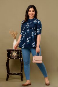 Ausuda Women Pure Cotton Navy Blue Floral Printed Peplum Top | Casual Ethnic Cotton Tunic for Women