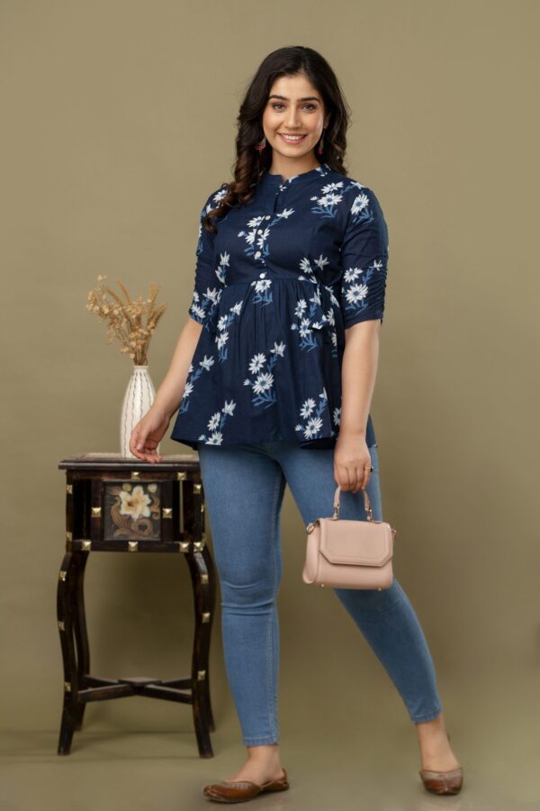 ASD_Top-2015-H Ausuda Women Pure Cotton Navy Blue Floral Printed Peplum Top | Casual Ethnic Cotton Tunic for Women