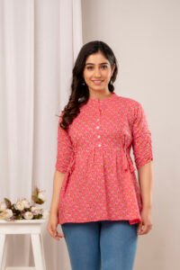 Ausuda Women Pure Cotton Pink Floral Printed Peplum Top | Casual Cotton Tunic for Women
