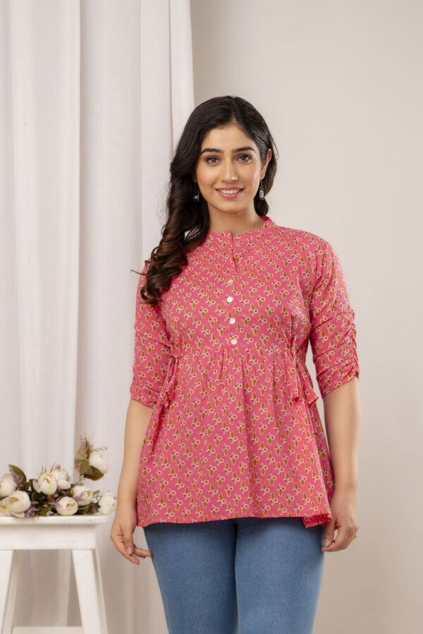 Ausuda Women Pure Cotton Pink Floral Printed Peplum Top | Casual Cotton Tunic for Women