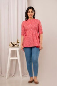 Ausuda Women Pure Cotton Pink Floral Printed Peplum Top | Casual Cotton Tunic for Women