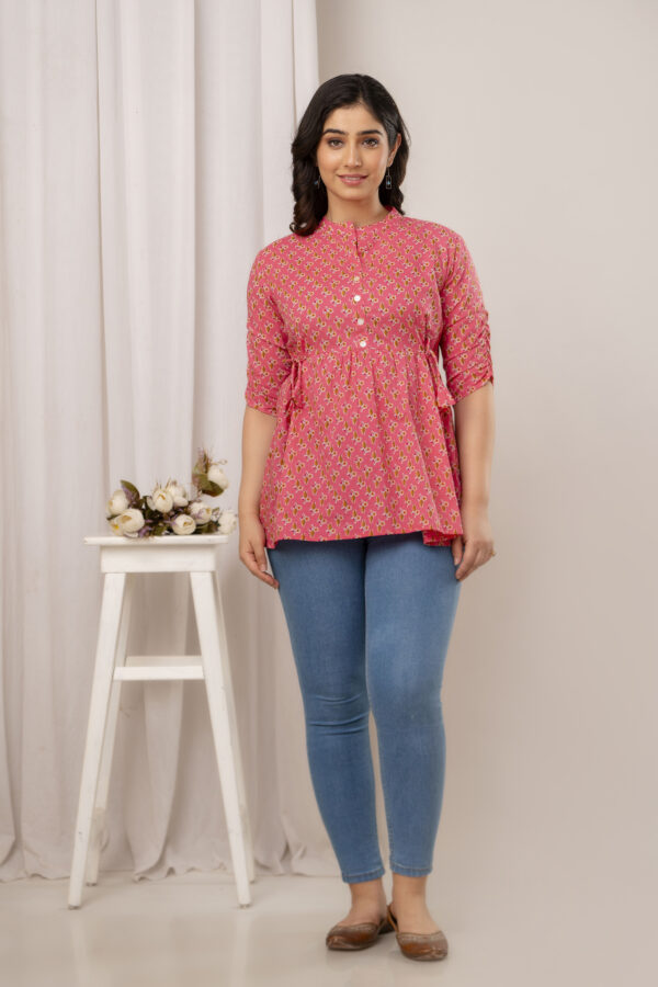 Ausuda Women Pure Cotton Pink Floral Printed Peplum Top | Casual Cotton Tunic for Women
