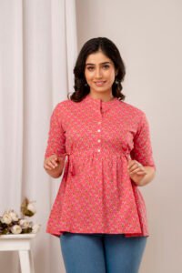 Ausuda Women Pure Cotton Pink Floral Printed Peplum Top | Casual Cotton Tunic for Women