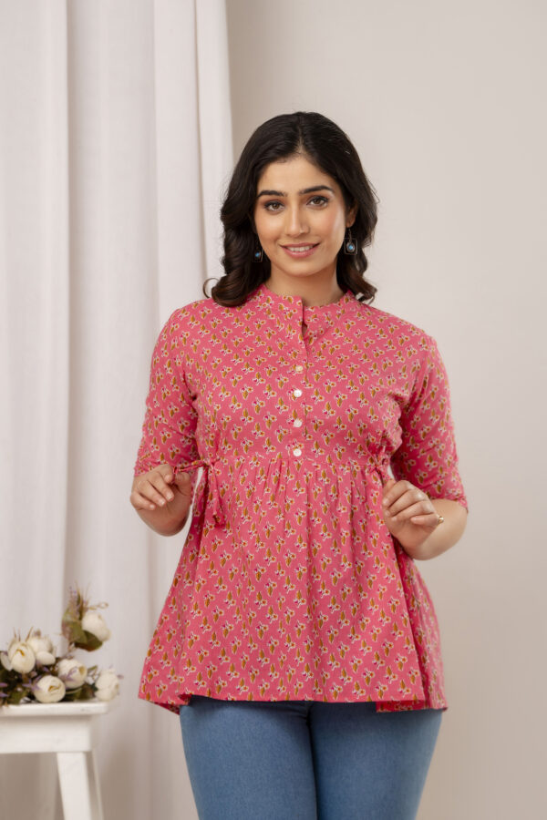 Ausuda Women Pure Cotton Pink Floral Printed Peplum Top | Casual Cotton Tunic for Women