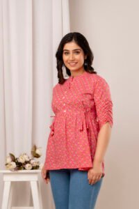 Ausuda Women Pure Cotton Pink Floral Printed Peplum Top | Casual Cotton Tunic for Women