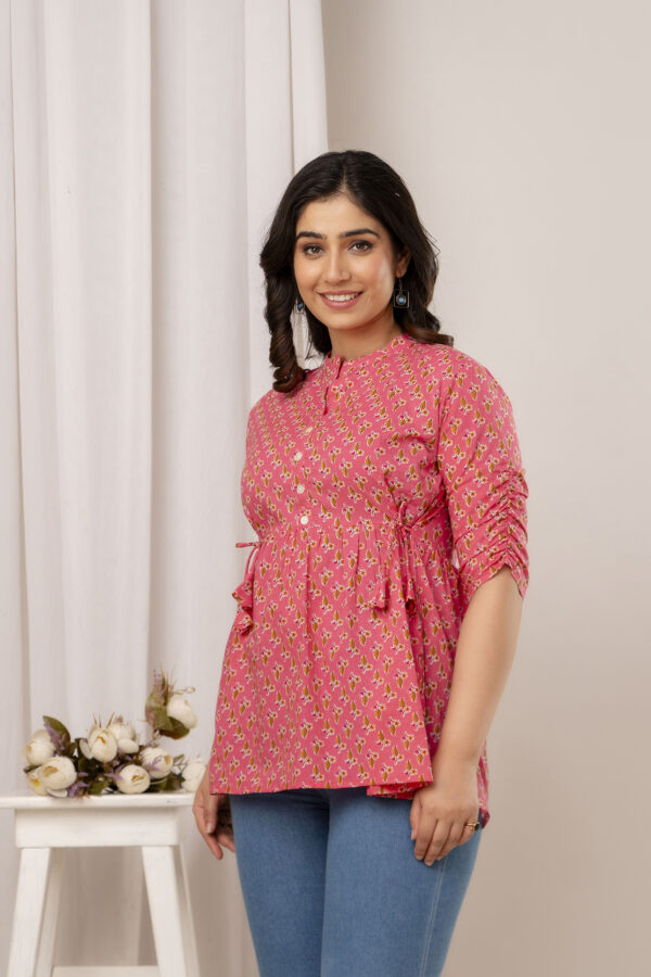 Ausuda Women Pure Cotton Pink Floral Printed Peplum Top | Casual Cotton Tunic for Women