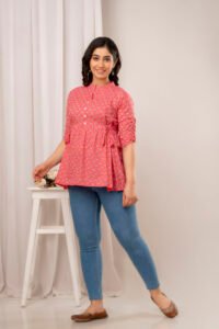 Ausuda Women Pure Cotton Pink Floral Printed Peplum Top | Casual Cotton Tunic for Women