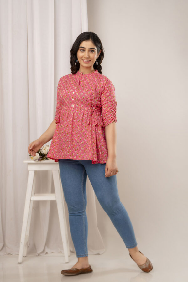 Ausuda Women Pure Cotton Pink Floral Printed Peplum Top | Casual Cotton Tunic for Women