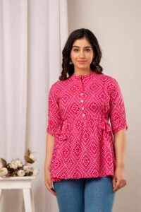Ausuda Women Pure Cotton Pink Geometric Printed Peplum Top | Casual Cotton Tunic for Women