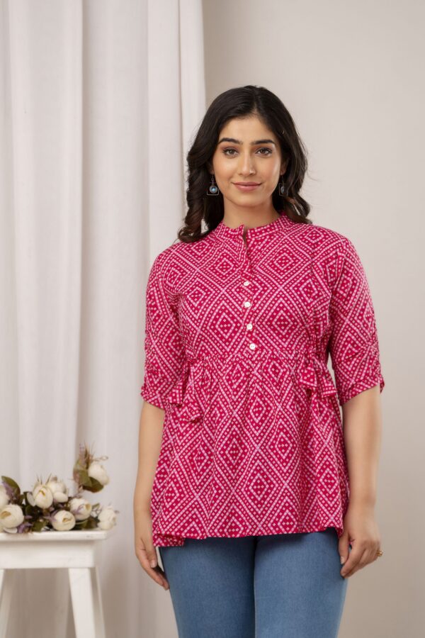 Ausuda Women Pure Cotton Pink Geometric Printed Peplum Top | Casual Cotton Tunic for Women