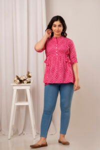 Ausuda Women Pure Cotton Pink Geometric Printed Peplum Top | Casual Cotton Tunic for Women