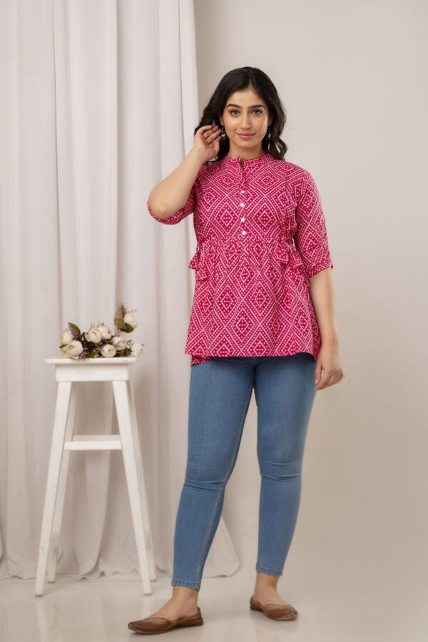 Ausuda Women Pure Cotton Pink Geometric Printed Peplum Top | Casual Cotton Tunic for Women