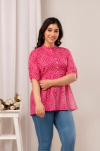 Ausuda Women Pure Cotton Pink Geometric Printed Peplum Top | Casual Cotton Tunic for Women