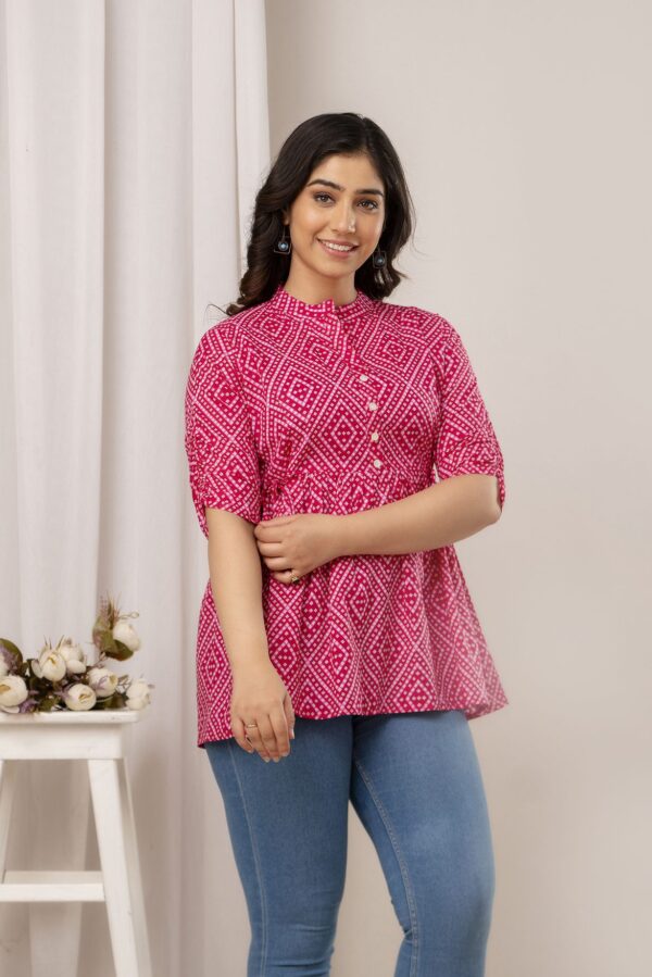 Ausuda Women Pure Cotton Pink Geometric Printed Peplum Top | Casual Cotton Tunic for Women