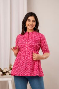 Ausuda Women Pure Cotton Pink Geometric Printed Peplum Top | Casual Cotton Tunic for Women