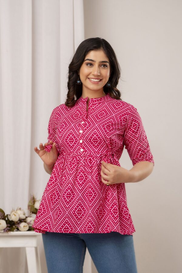 Ausuda Women Pure Cotton Pink Geometric Printed Peplum Top | Casual Cotton Tunic for Women
