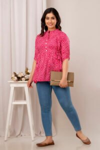 Ausuda Women Pure Cotton Pink Geometric Printed Peplum Top | Casual Cotton Tunic for Women